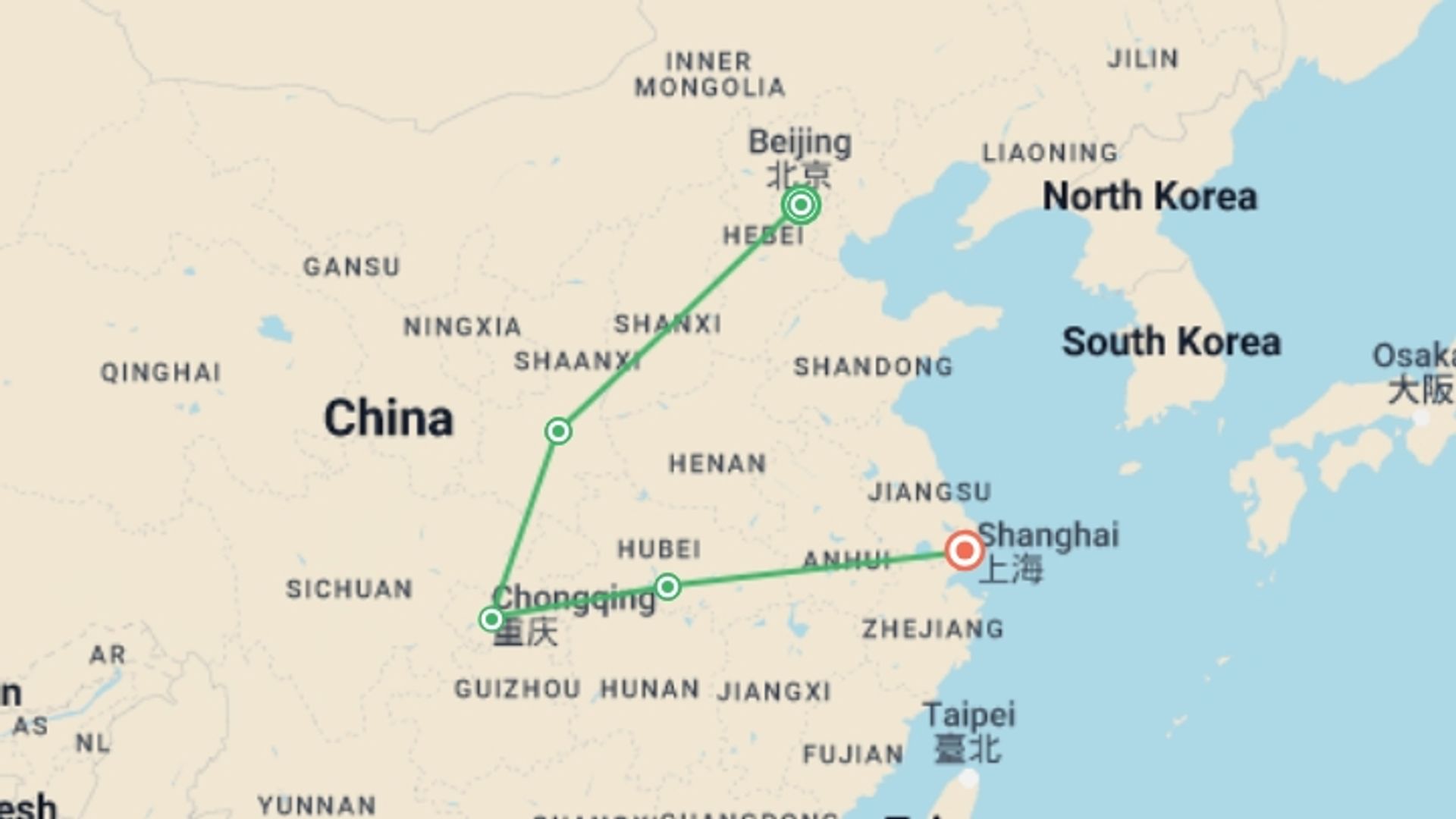 A map showing the tour itinerary for the trip: Classic China With Yangtze, starting in Beijing, China and ending in Beijing, China going through 3 other destinations.