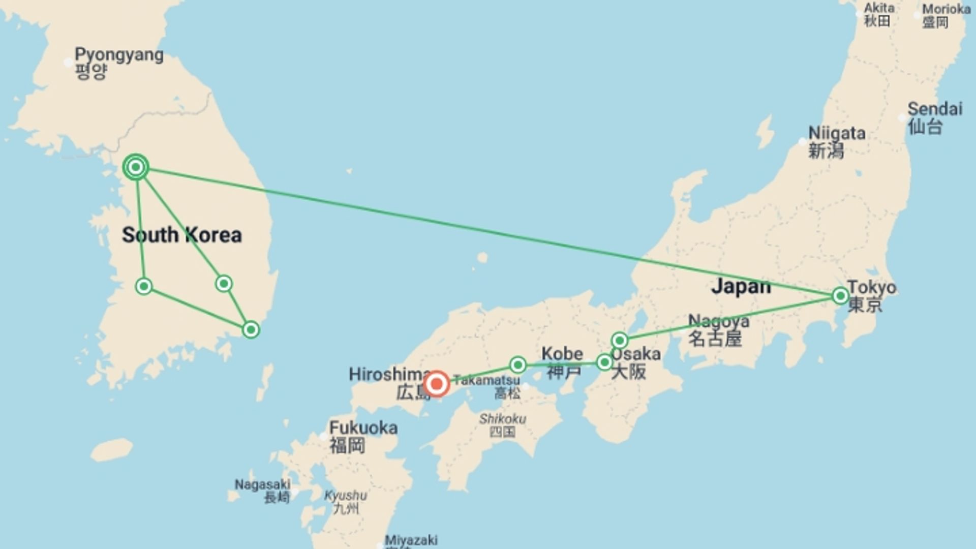 A map showing the tour itinerary for the trip: Unforgettable Korea and Japan, starting in Seoul, South Korea and ending in Hiroshima, Japan going through 7 other destinations.