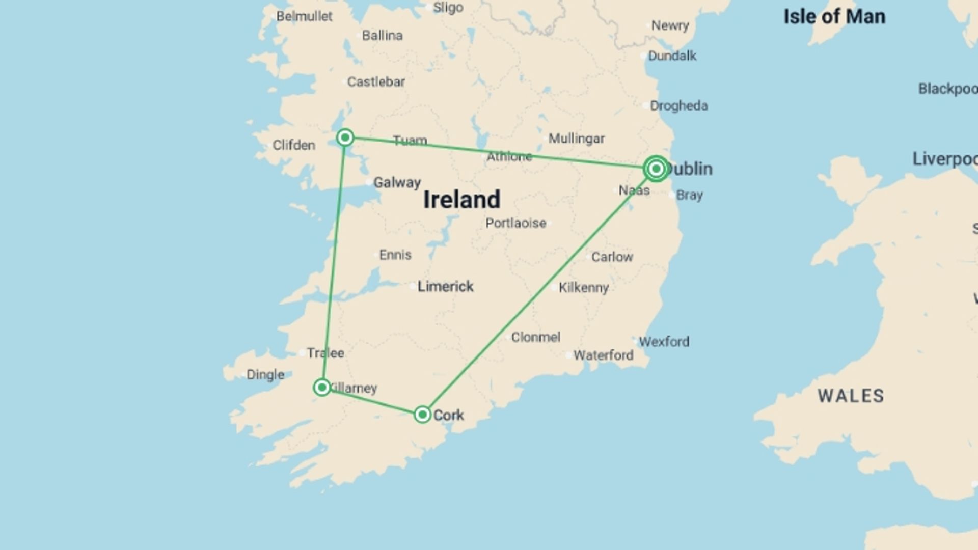 A map showing the tour itinerary for the trip: Timeless Ireland & Ashford Castle, starting in Dublin, Ireland and ending in Dublin, Ireland going through 3 other destinations.