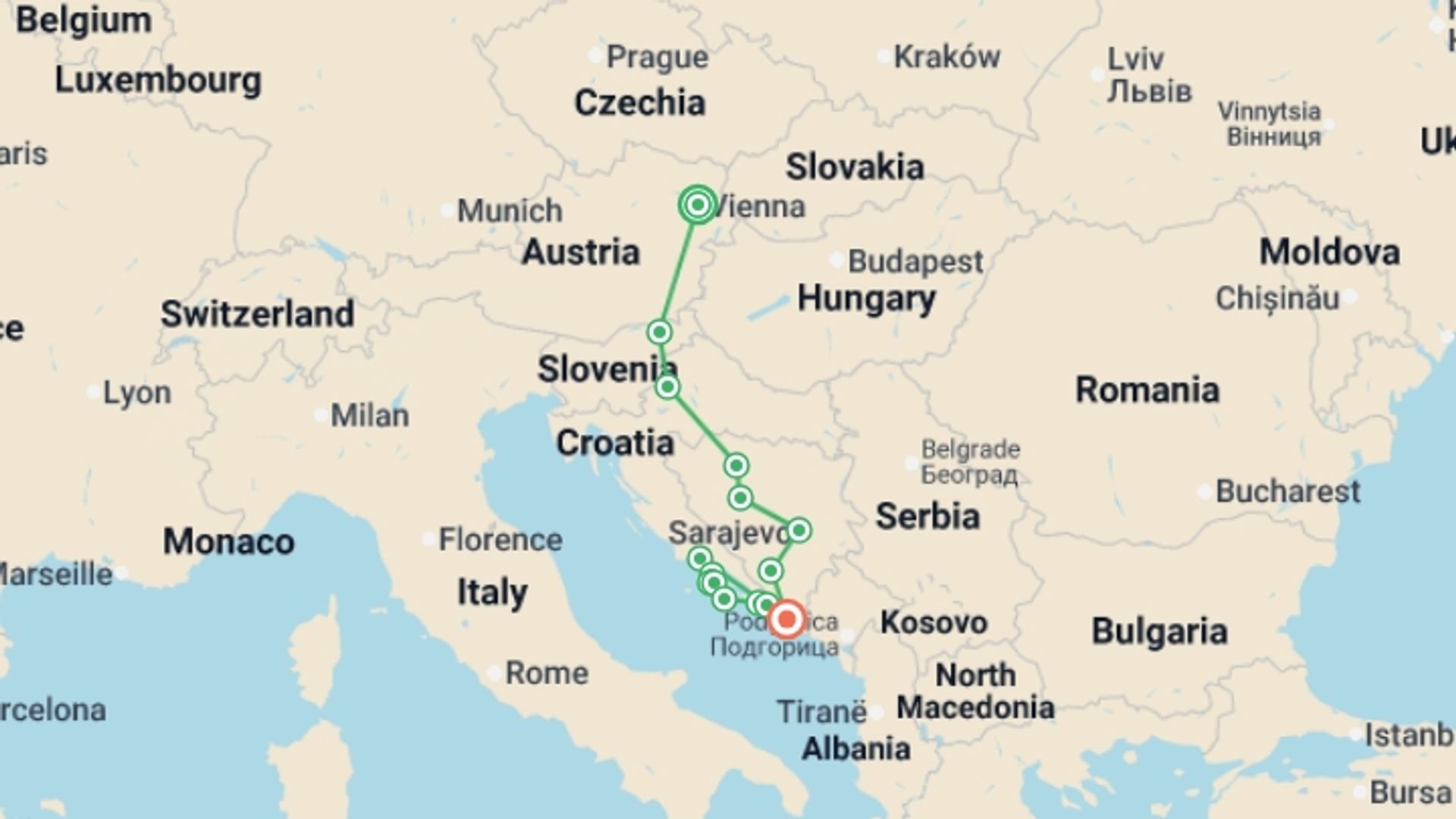 A map showing the tour itinerary for the trip: Vienna and Croatia with Islands, starting in Vienna, Austria and ending in Dubrovnik, Croatia going through 6 other destinations.