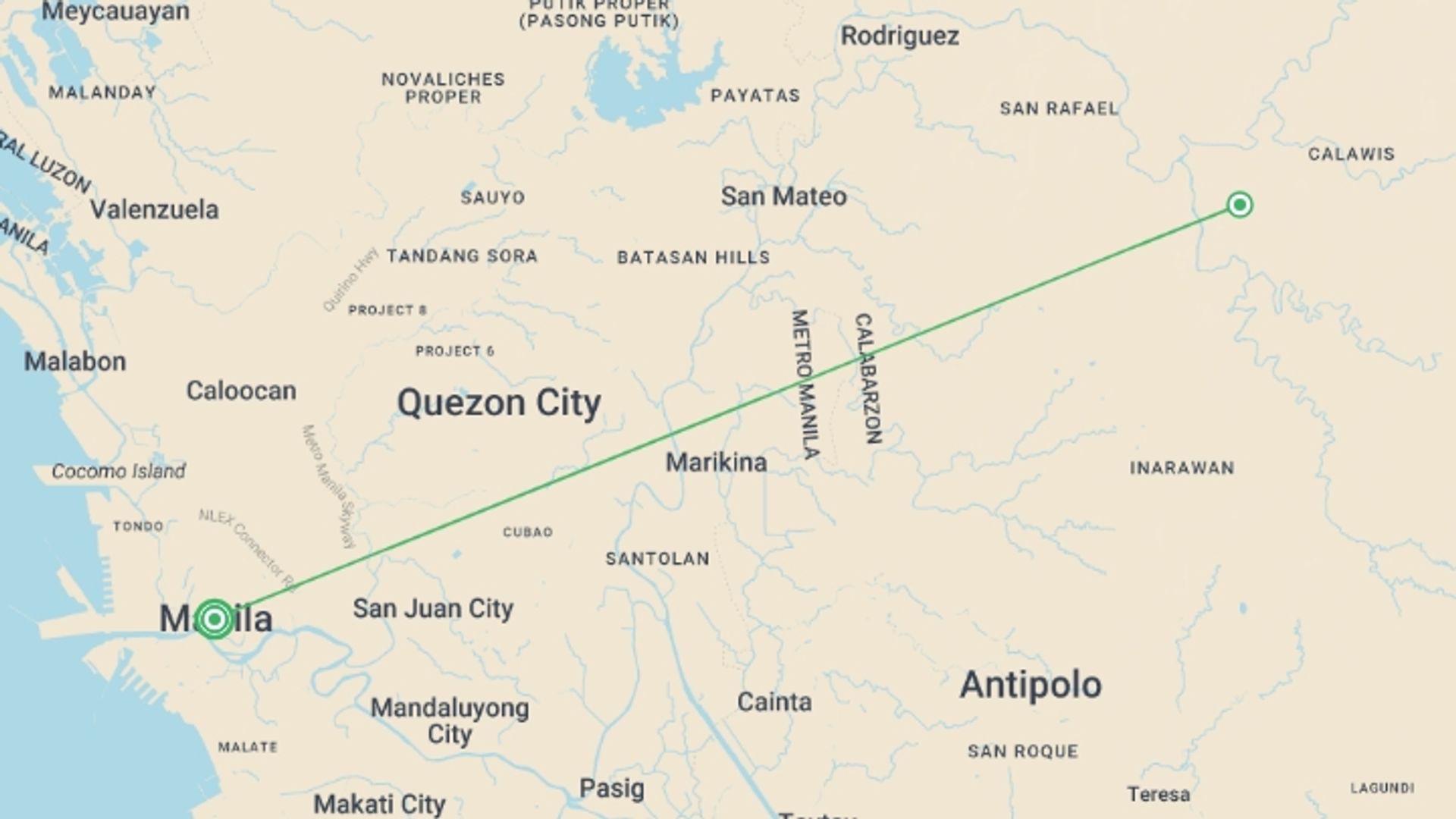 A map showing the tour itinerary for the trip: Manila: Jungle Treks, Delicious Bites & City Sights, starting in Manila, Philippines and ending in Manila, Philippines going through 1 other destinations.