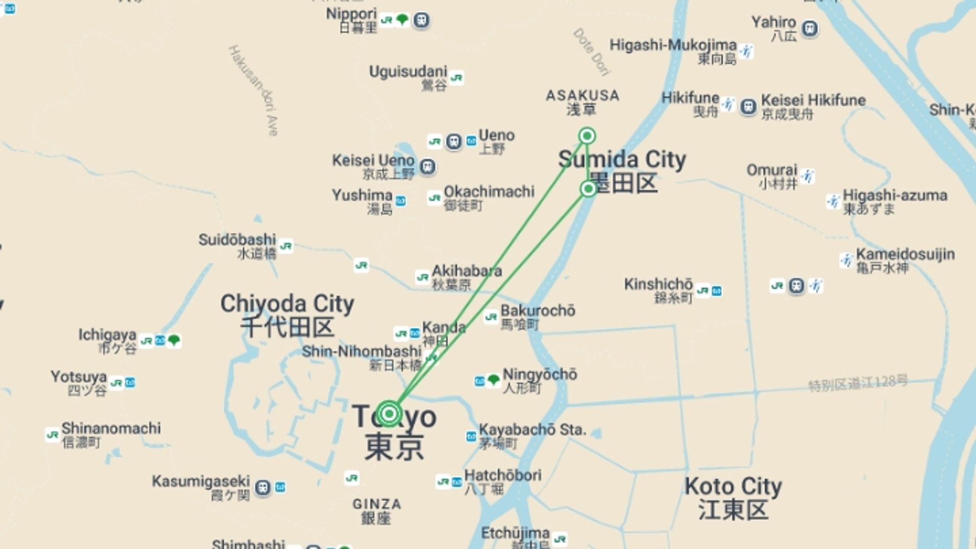 A map showing the tour itinerary for the trip: Tokyo Welcome Package 4D/3N (without Airport Transfer), starting in Tokyo, Japan and ending in Tokyo, Japan going through 0 other destinations.