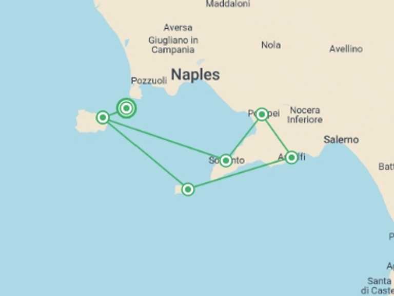 Map of Sorrento Explorer Tour with 6 destination visits for the trip: Amalfi Coast Sailing Adventure