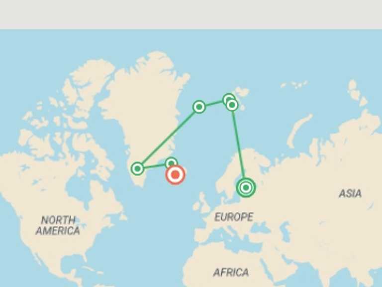 Map of Europe Tour with 8 destination visits for the trip: Three Arctic Islands: Spitsbergen, Greenland and Iceland (Southbound)