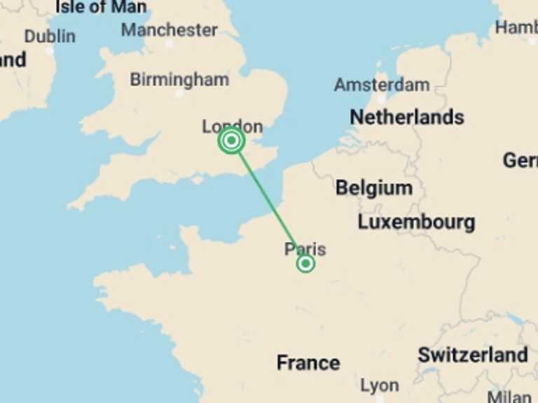 Map itinerary of London Tour in Winter with 2 destination visits for the trip: Paris for Christmas