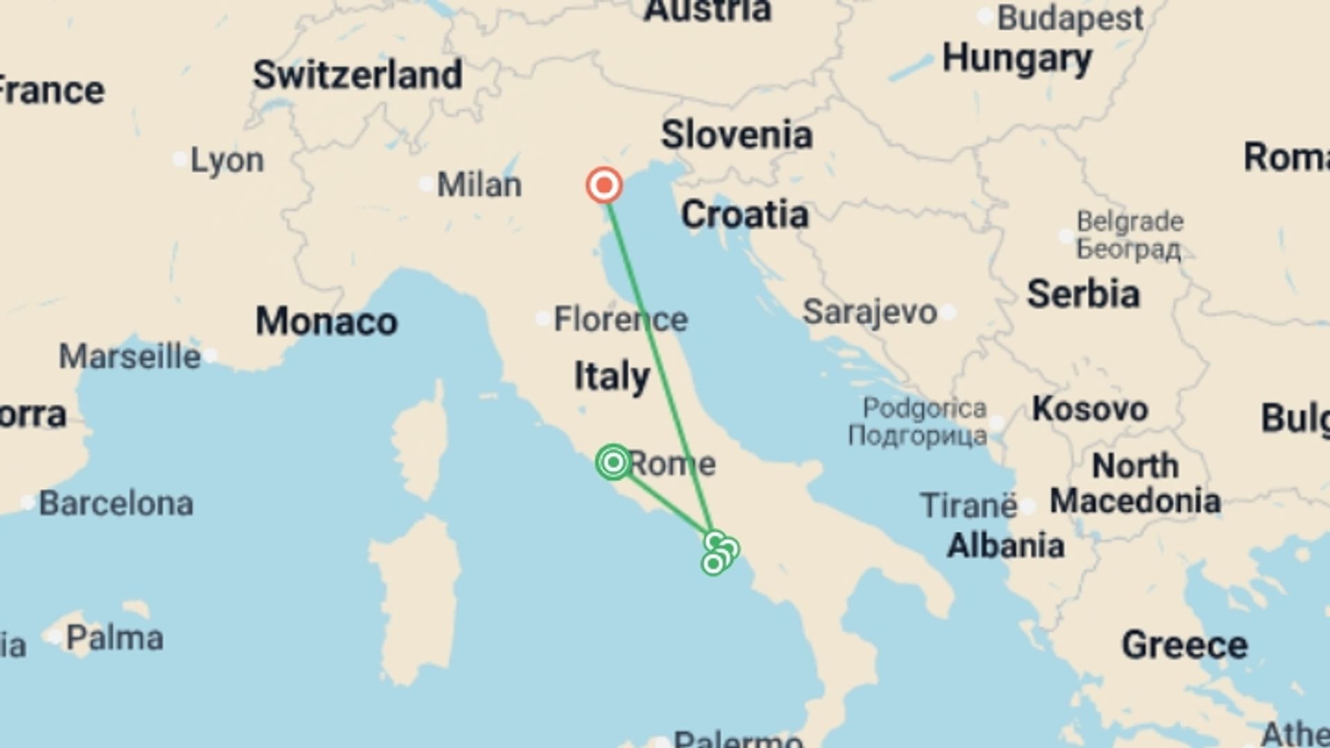 A map showing the tour itinerary for the trip: Rome & Amalfi Coast Highlights, starting in Rome, Italy and ending in Venice, Italy going through 3 other destinations.