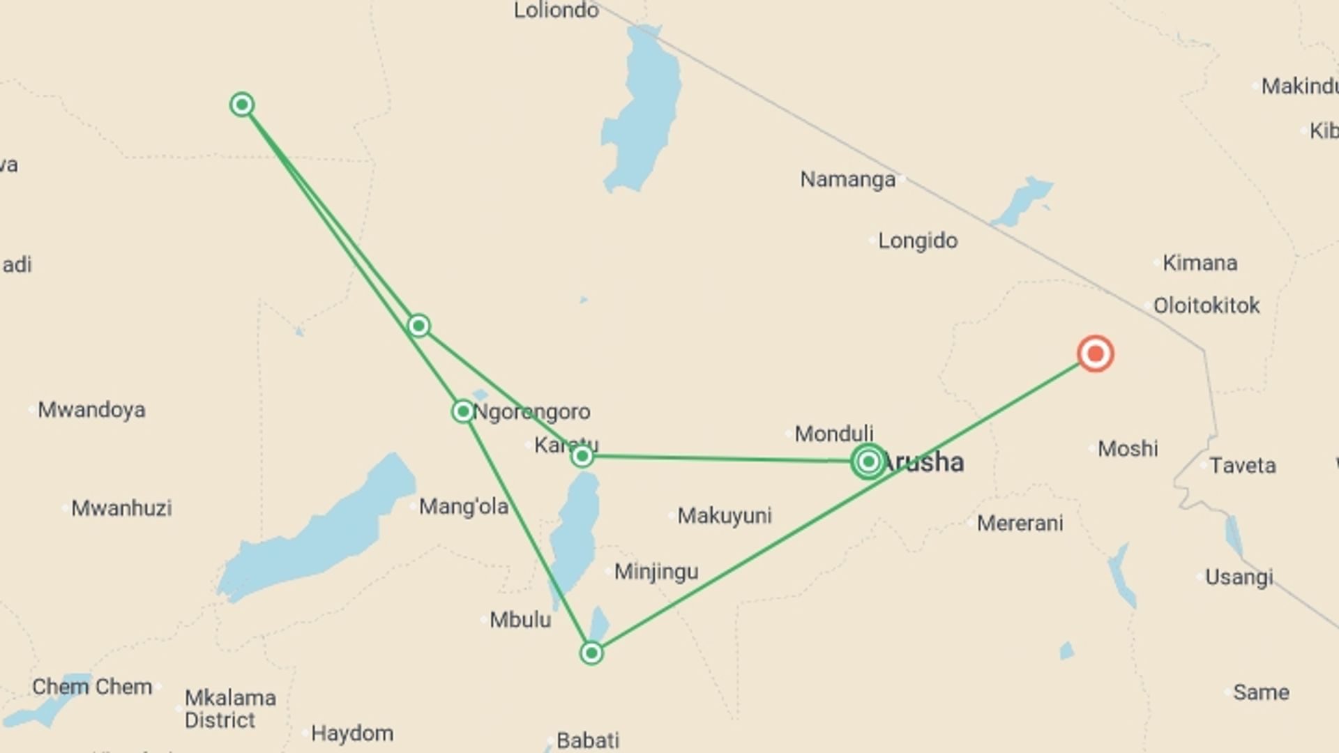 A map showing the tour itinerary for the trip: Serengeti Wildlife Experience, starting in Arusha, Tanzania and ending in Kilimanjaro, Tanzania going through 5 other destinations.