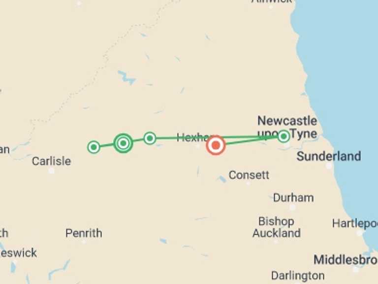 Map of England Tour with 5 destination visits for the trip: Walking The Best of Hadrian's Wall