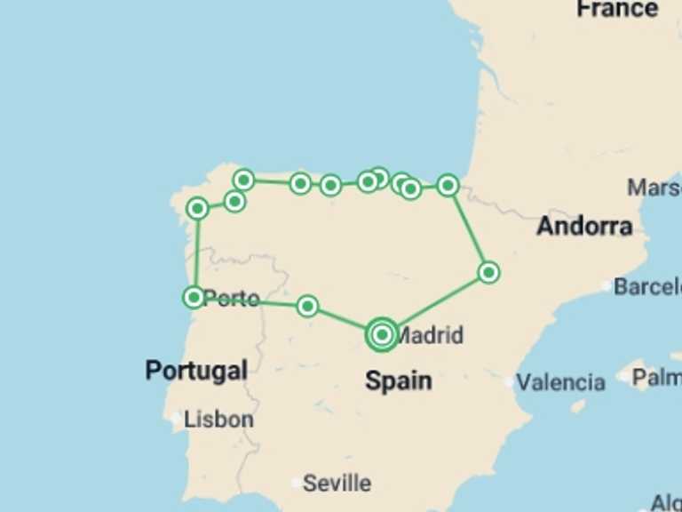 Map of 10-Day Madrid Tour with 7 destination visits for the trip: Best of Northern Spain & Porto - 10 days