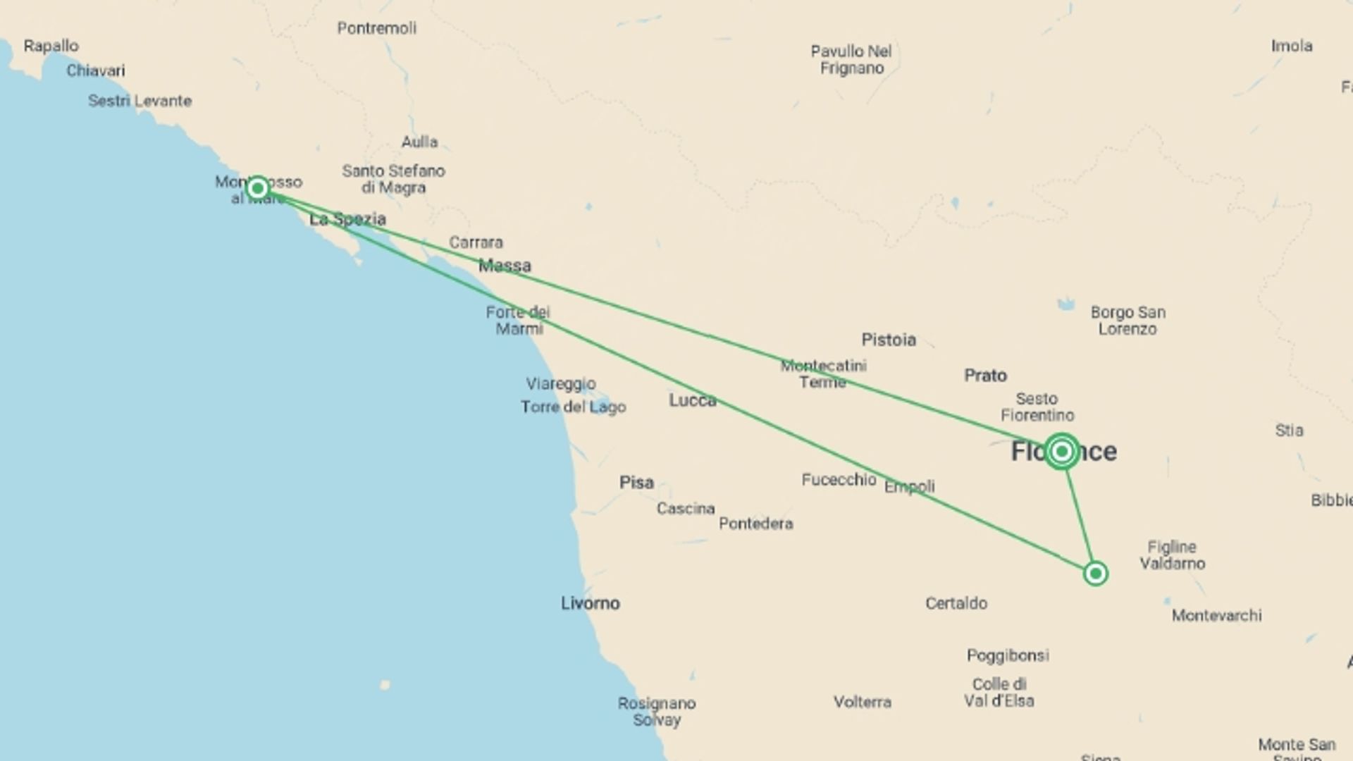 A map showing the tour itinerary for the trip: Tuscany to Cinque Terre: Wines, Villages & Unforgettable Walks, starting in Florence, Italy and ending in Florence, Italy going through 2 other destinations.