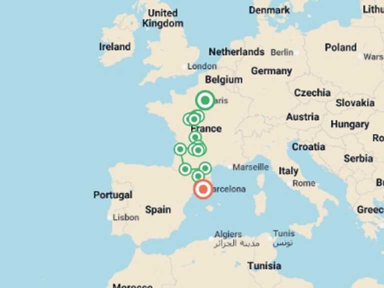 Map of Europe Tour with 8 destination visits for the trip: France and Barcelona