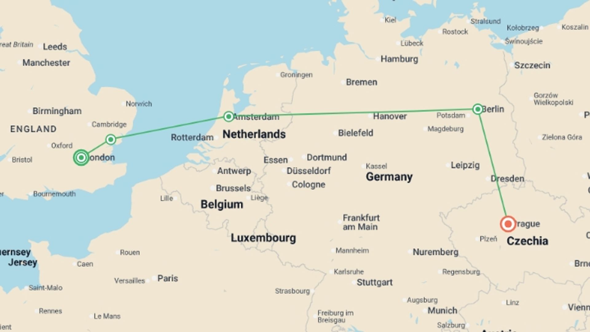 A map showing the tour itinerary for the trip: European Journey GO, starting in London, England and ending in Prague, Czech Republic going through 3 other destinations.
