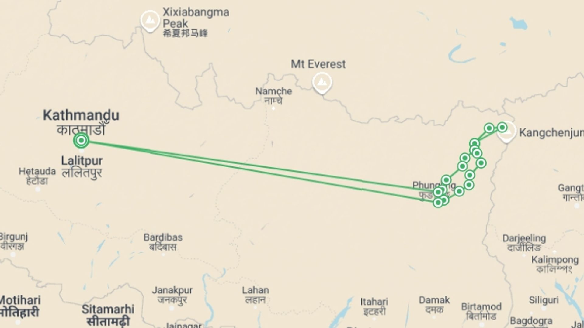 A map showing the tour itinerary for the trip: Kanchenjunga Base Camp Trek, starting in Kathmandu, Nepal and ending in Kathmandu, Nepal going through 17 other destinations.