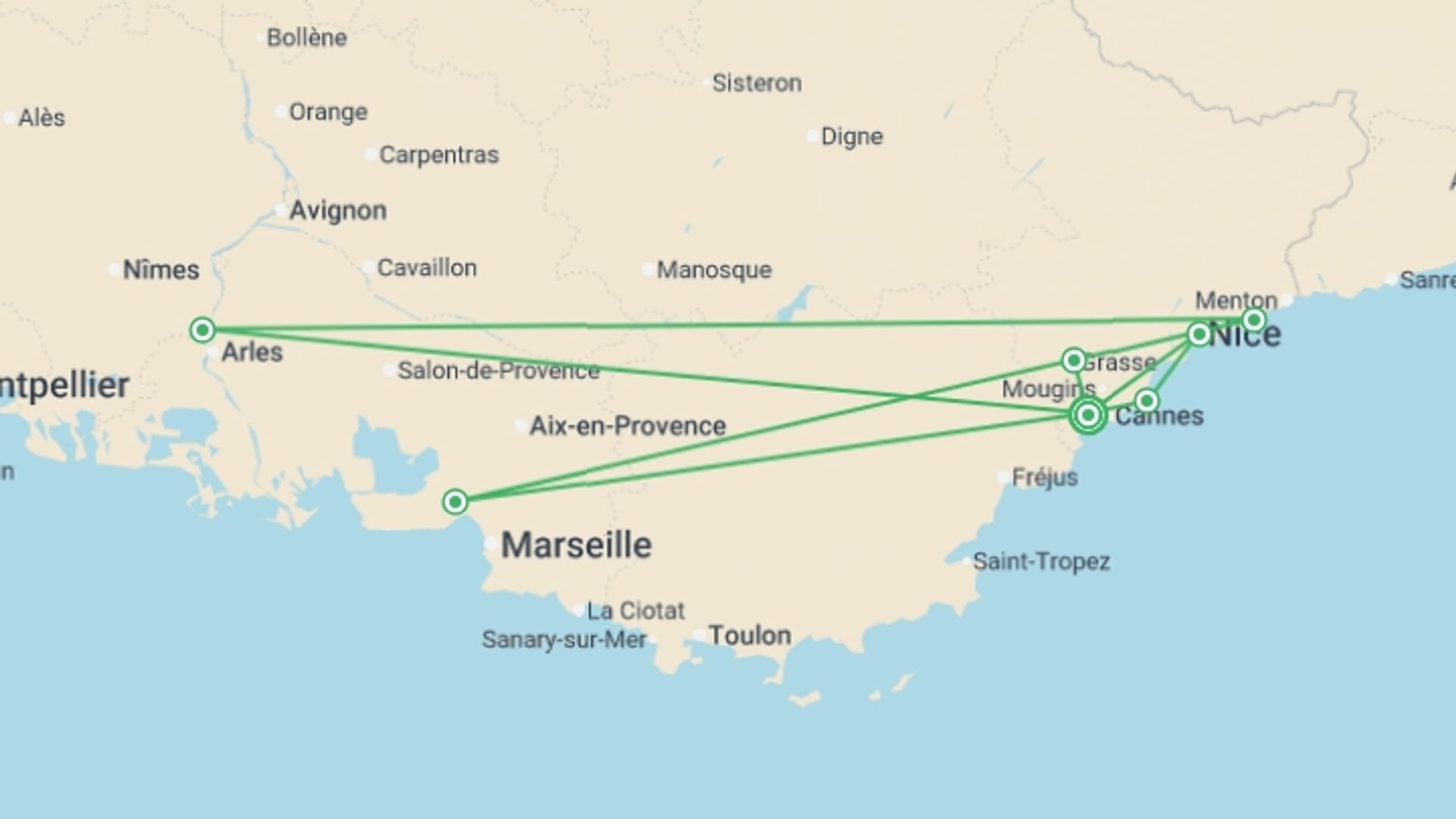 A map showing the tour itinerary for the trip: Cannes, Monaco & Cote d'Azur - 8 days, starting in Cannes, France and ending in Cannes, France going through 1 other destinations.