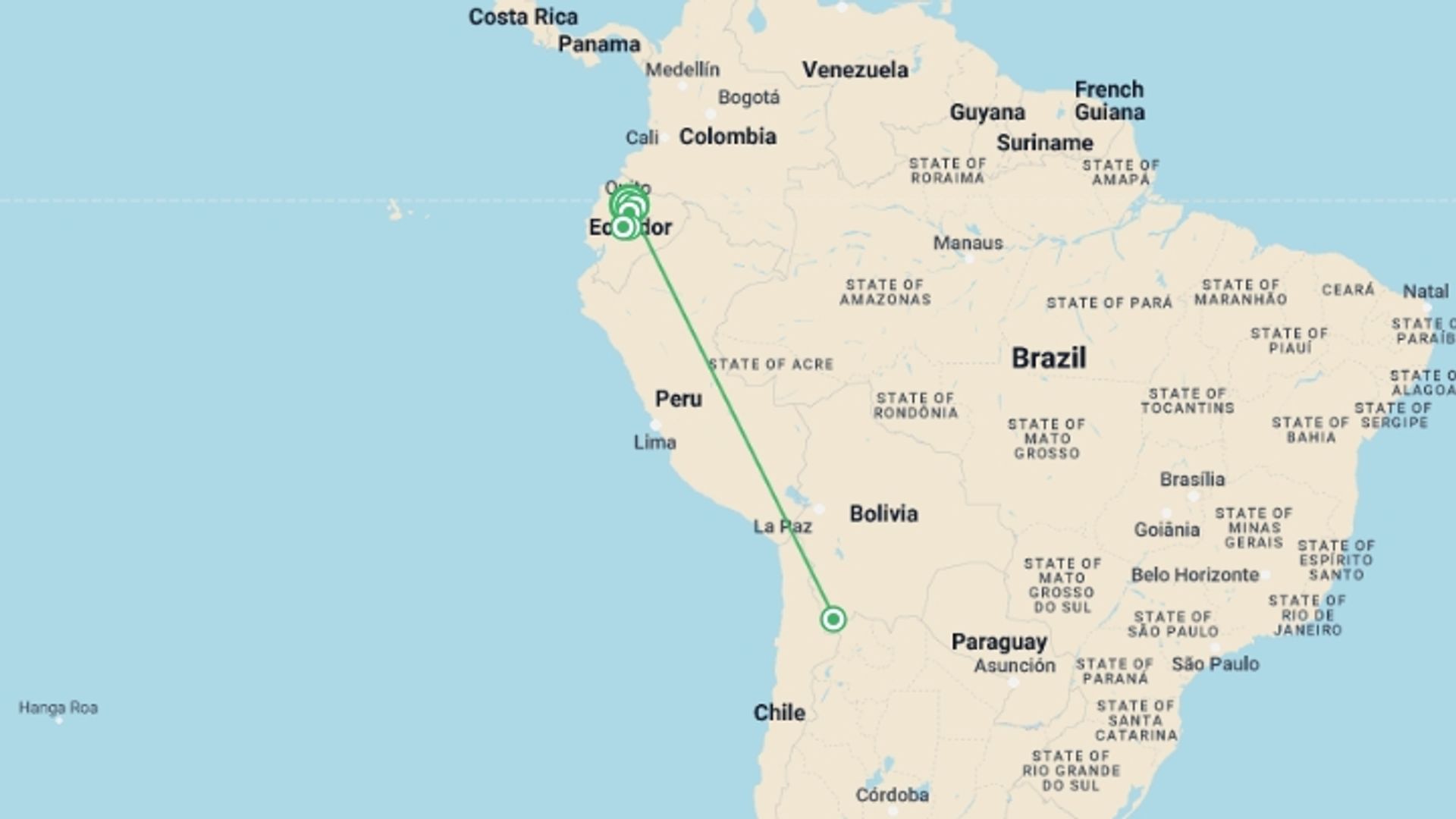 A map showing the tour itinerary for the trip: 8 Days Ecuador: From Highlands to Hot Springs, starting in Quito, Ecuador and ending in Quito, Ecuador going through 5 other destinations.