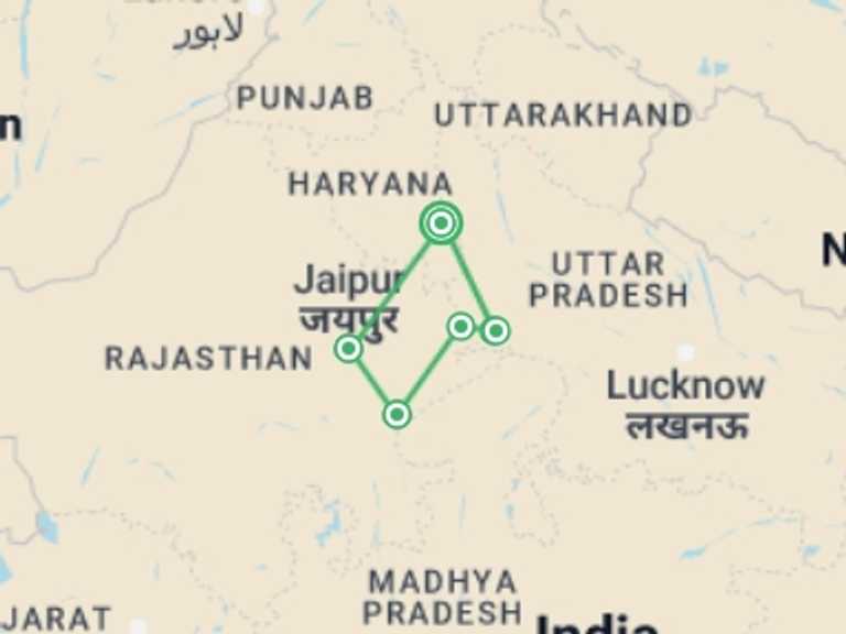 Map itinerary of India Tour in September 2027 with 7 destination visits for the trip: Taj, Tigers & Majestic Forts