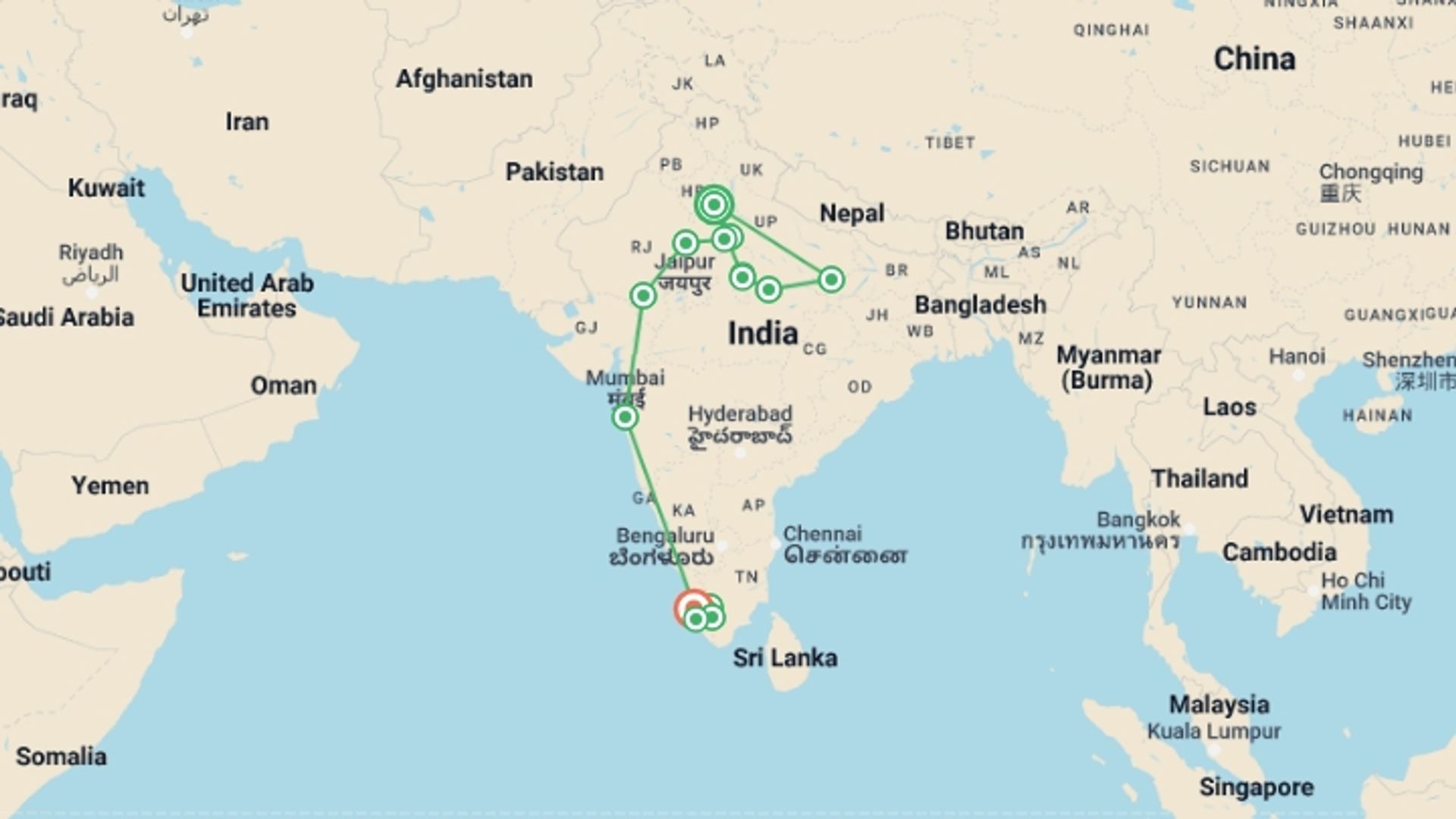 A map showing the tour itinerary for the trip: Discover India from North to South, starting in New Delhi, India and ending in Kochi, India going through 10 other destinations.