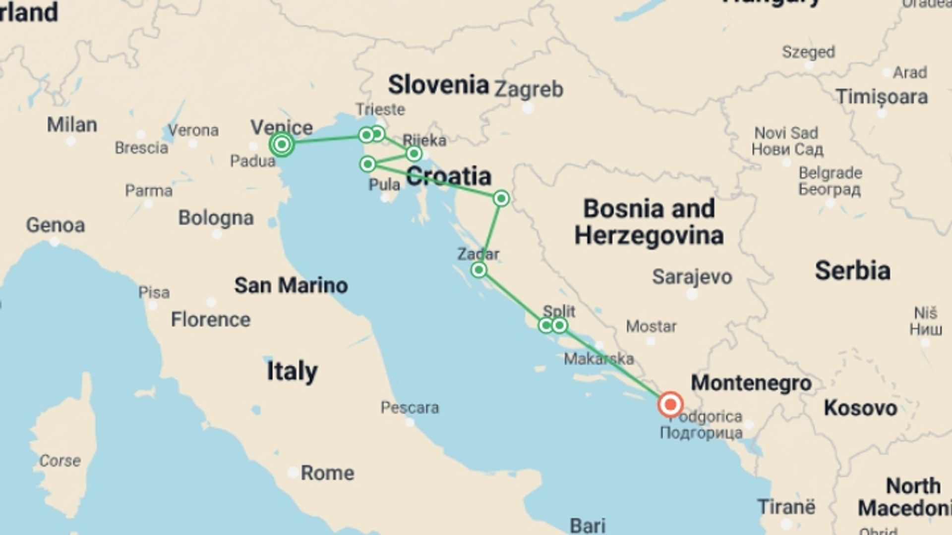 A map showing the tour itinerary for the trip: Pearls of the Adriatic: A Small Group Escape, starting in Venice, Italy and ending in Dubrovnik, Croatia going through 4 other destinations.