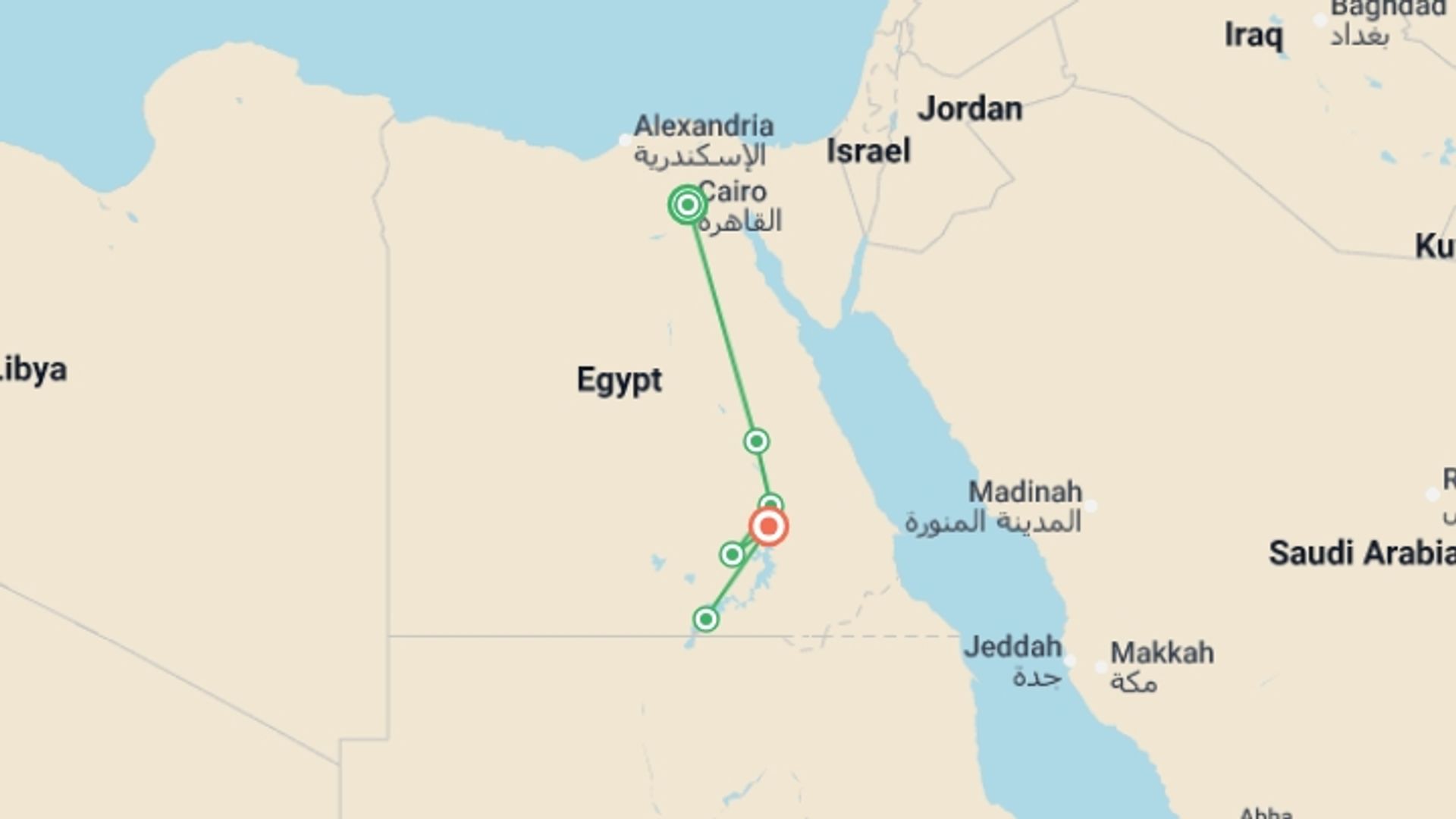 A map showing the tour itinerary for the trip: Ancient Egypt & Nile Cruise, starting in Cairo, Egypt and ending in Aswan, Egypt going through 4 other destinations.