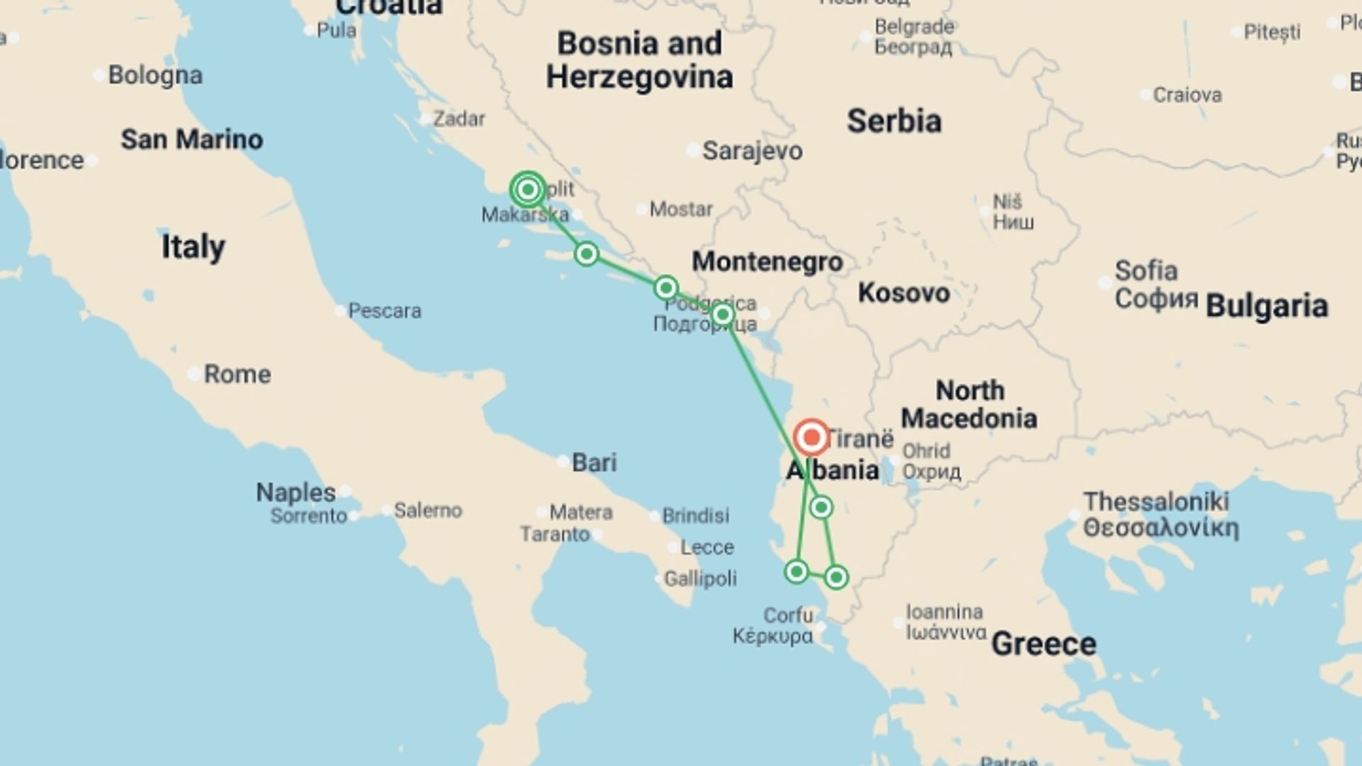 A map showing the tour itinerary for the trip: Premium Croatia, Montenegro and Albania, starting in Split, Croatia and ending in Tirana, Albania going through 6 other destinations.