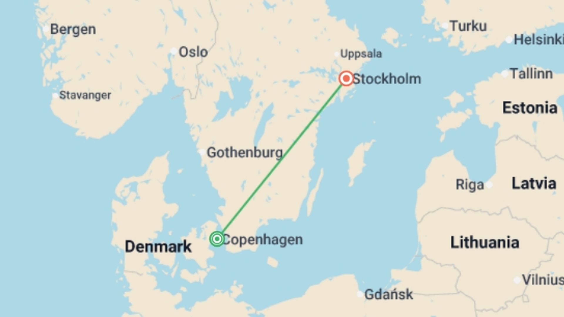 A map showing the tour itinerary for the trip: Copenhagen to Stockholm by Train - 5 days, starting in Copenhagen, Denmark and ending in Stockholm, Sweden going through 0 other destinations.