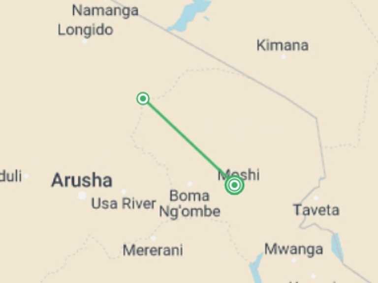 Map itinerary of Moshi Tour in April 2027 with 2 destination visits for the trip: Maasai Cultural Tours