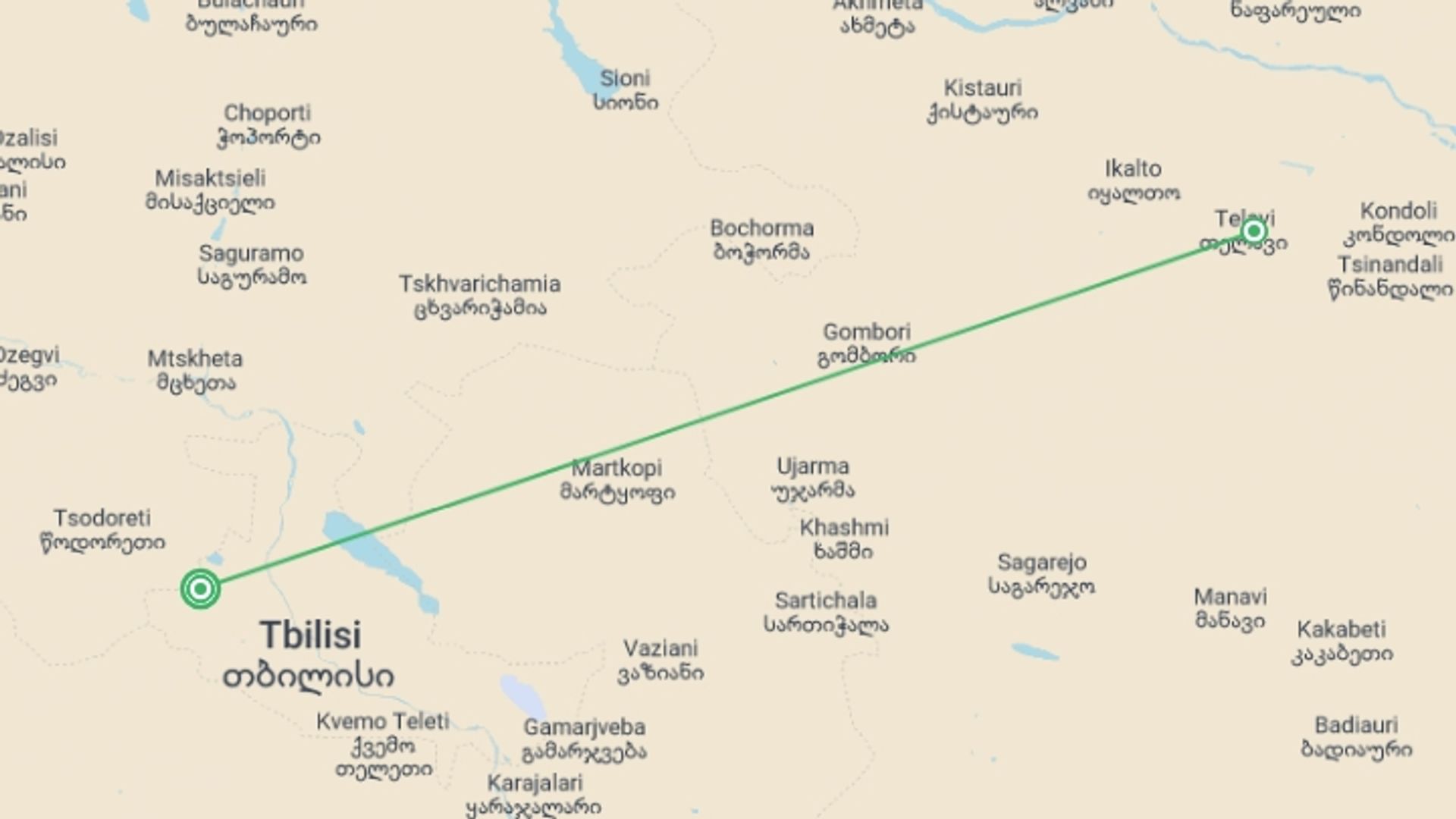A map showing the tour itinerary for the trip: A Taste of Georgia - Tbilisi to the Caucasus Mountains, starting in Tbilisi, Georgia and ending in Tbilisi, Georgia going through 1 other destinations.