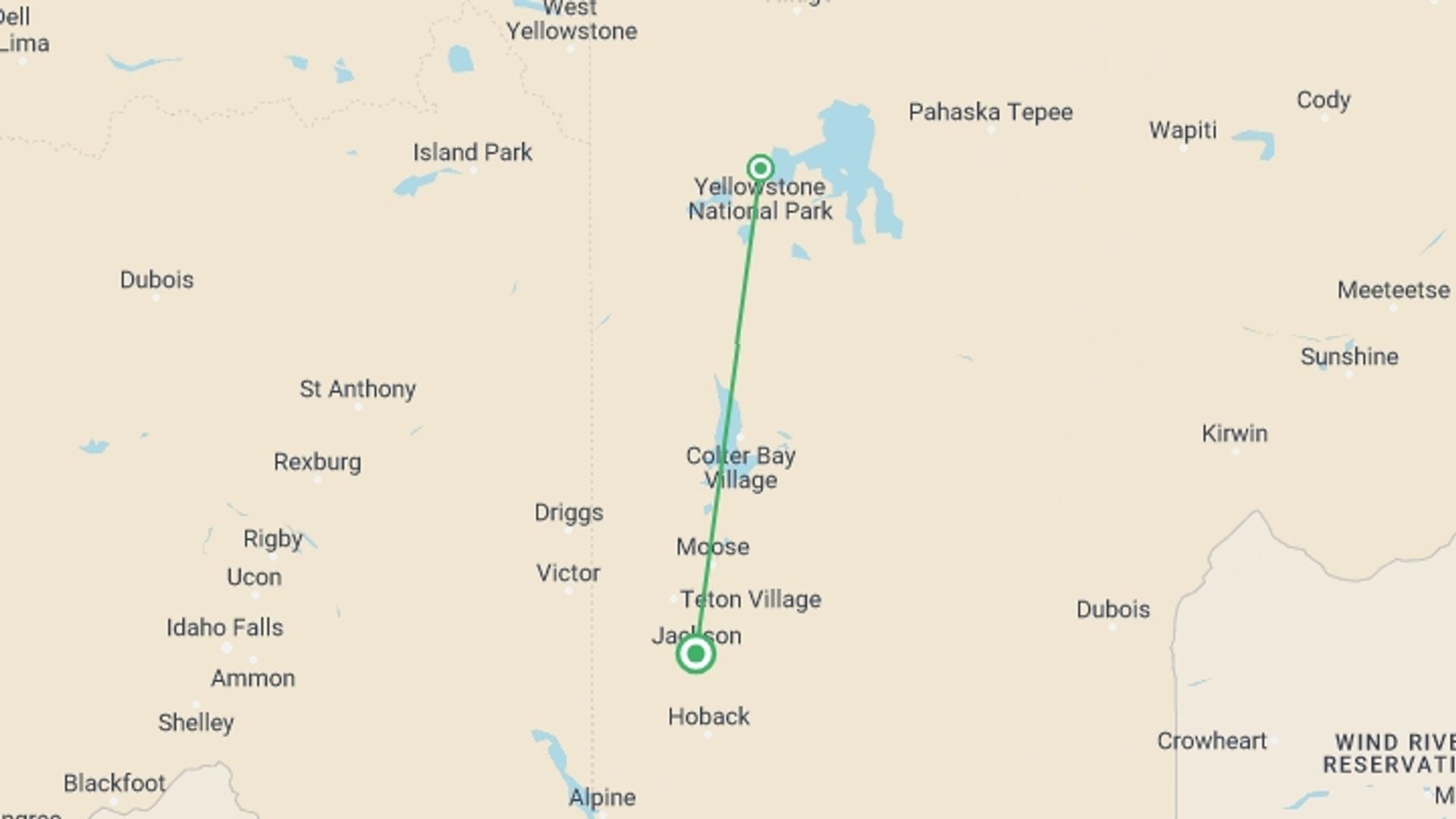 A map showing the tour itinerary for the trip: Hiking and Camping in Yellowstone, starting in Jackson, USA and ending in Jackson, USA going through 1 other destinations.