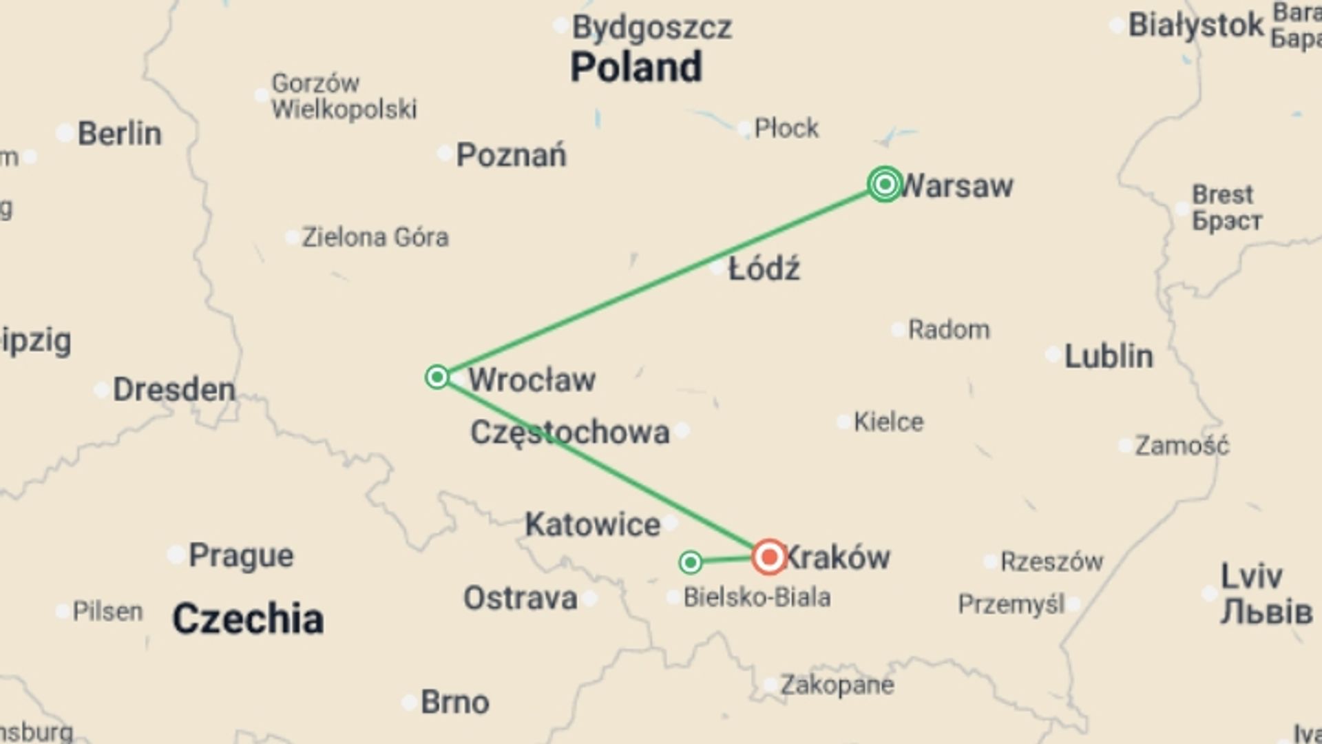 A map showing the tour itinerary for the trip: Highlights of Poland, starting in Warsaw, Poland and ending in Krakow, Poland going through 1 other destinations.