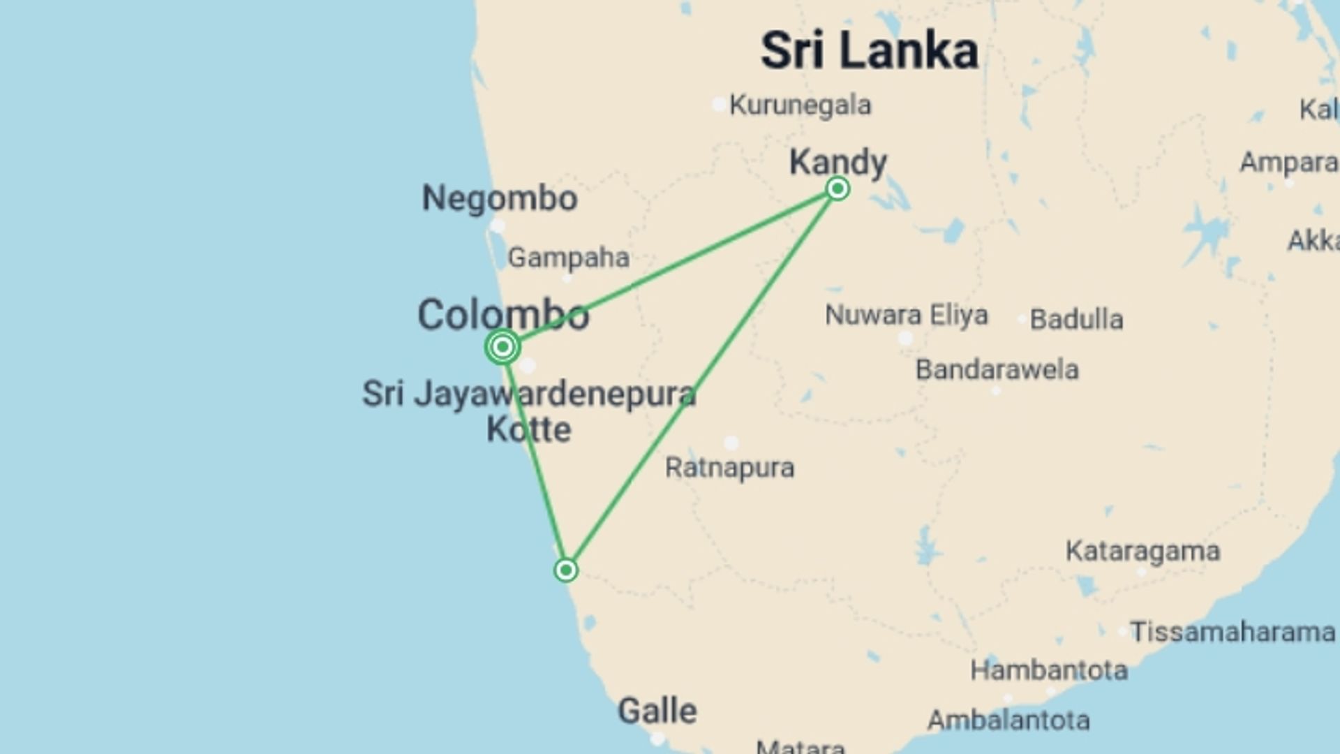 A map showing the tour itinerary for the trip: Amazing Sri Lanka, starting in Colombo, Sri Lanka and ending in Colombo, Sri Lanka going through 4 other destinations.