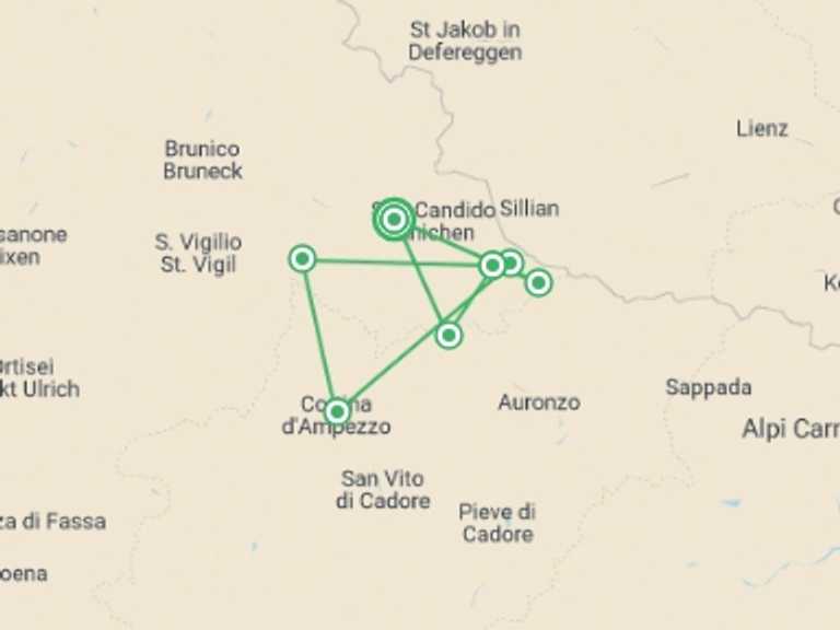Map of Cortina d'Ampezzo Tour with 6 destination visits for the trip: Walks in the Italian Dolomites