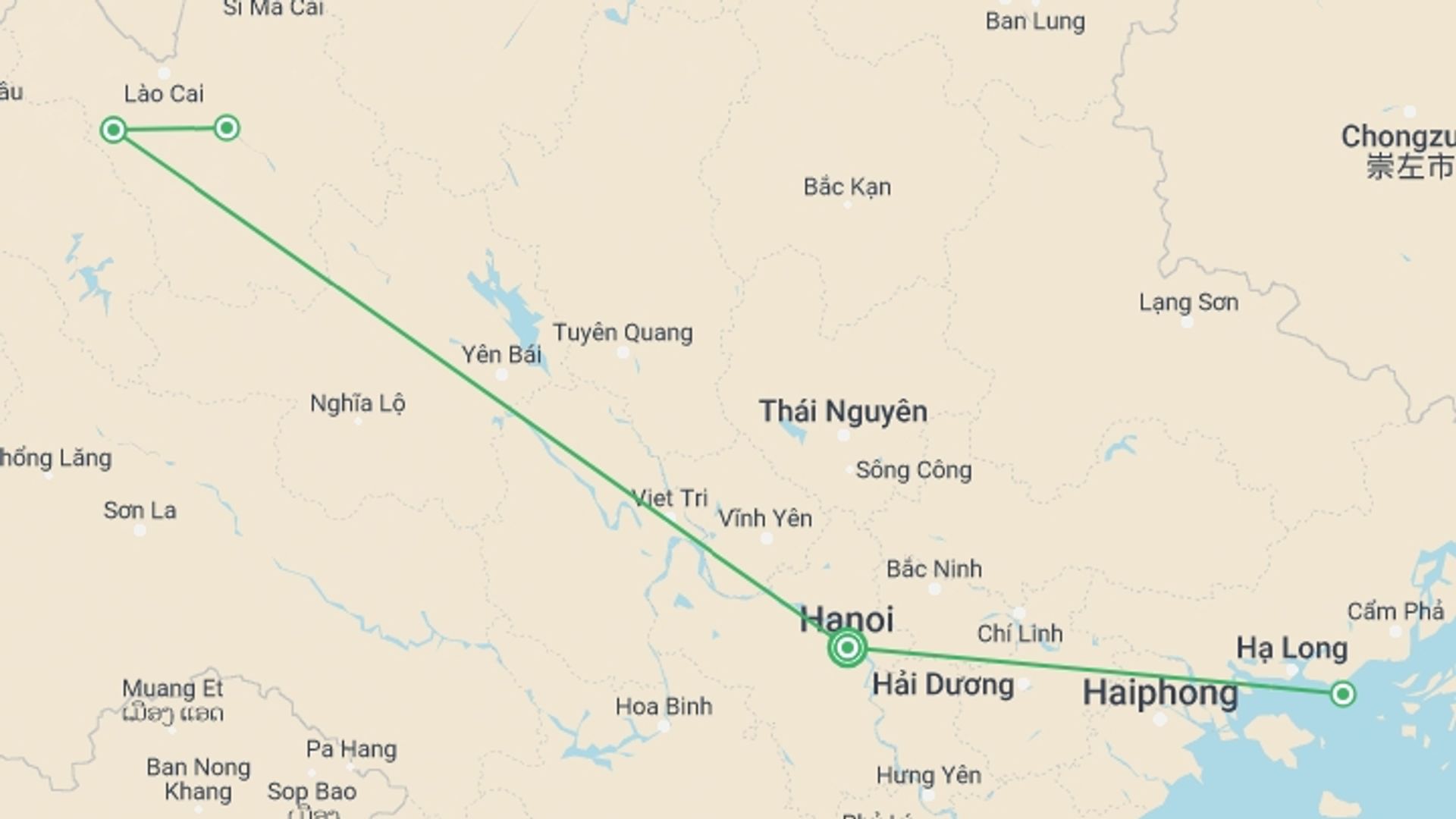 A map showing the tour itinerary for the trip: The Best of North Vietnam: 6 Days, starting in Hanoi, Vietnam and ending in Hanoi, Vietnam going through 2 other destinations.
