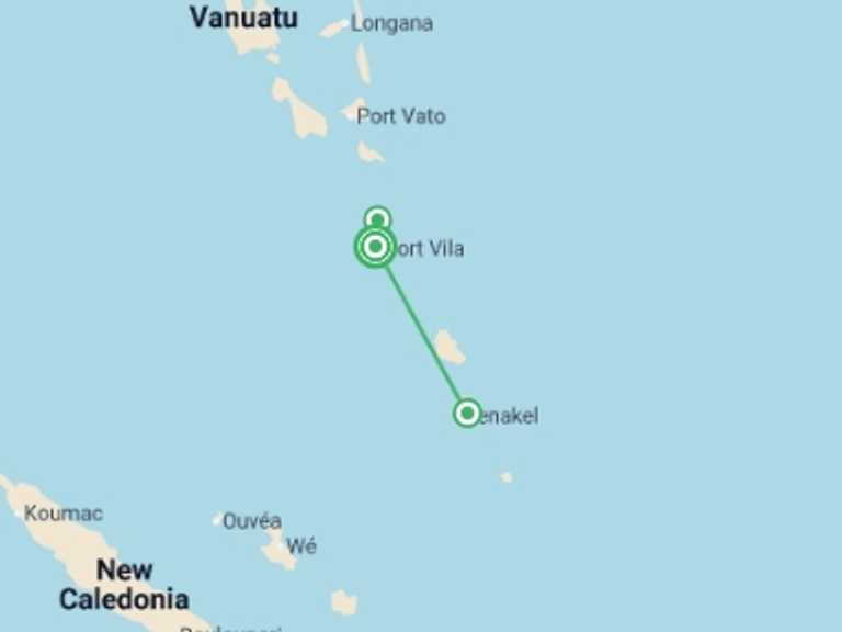 Map itinerary of Oceania Tour in August 2026 with 3 destination visits for the trip: Vanuatu Expedition