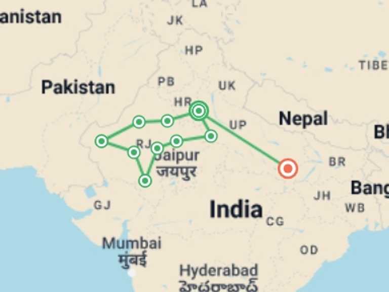 Map of India Art and architecture Tour with 10 destination visits for the trip: Royal Rajasthan With Agra & Varanasi