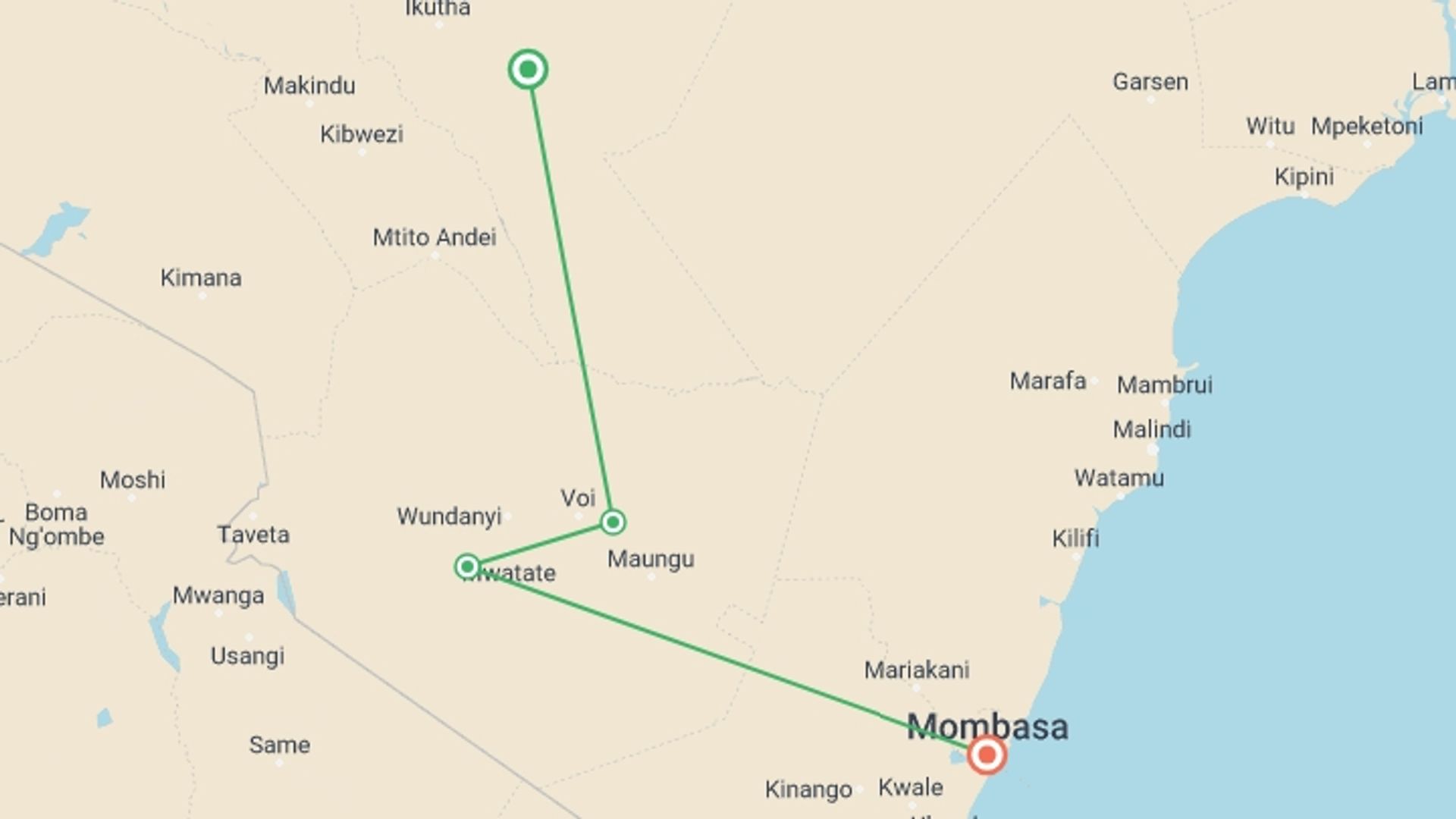 A map showing the tour itinerary for the trip: Safari To The Taita Hills, Short Break (on Request), starting in Tsavo East National Park, Kenya and ending in Mombasa, Kenya going through 1 other destinations.