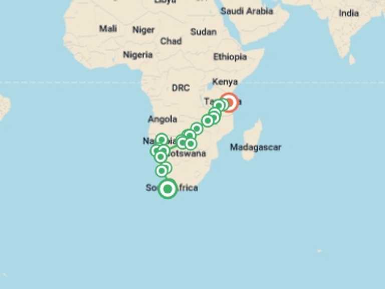 Map of Windhoek Wildlife Tour with 23 destination visits for the trip: 35-day Cape Town to Zanzibar Accommodated