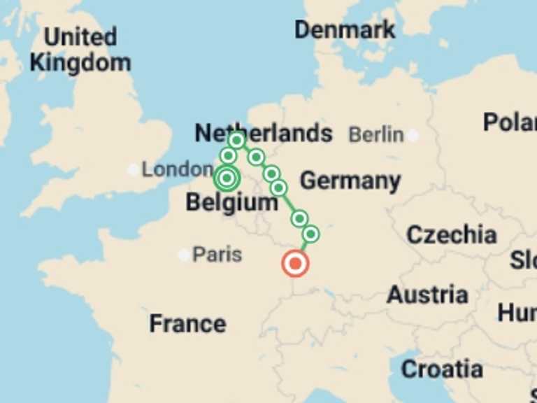 Map of Europe Tour with 8 destination visits for the trip: Holland and the romantic Rhine valley (port-to-port cruise)