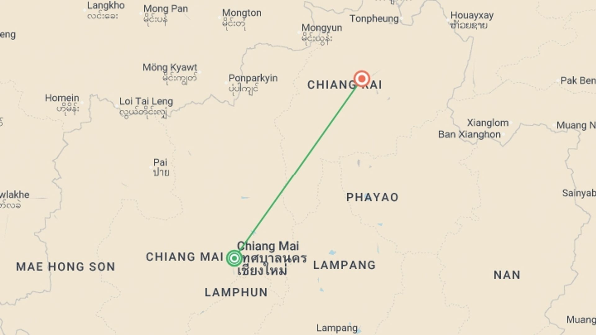 A map showing the tour itinerary for the trip: Chiang Mai To Chiang Rai, Private Tour, starting in Chiang Mai, Thailand and ending in Chiang Rai, Thailand going through 0 other destinations.