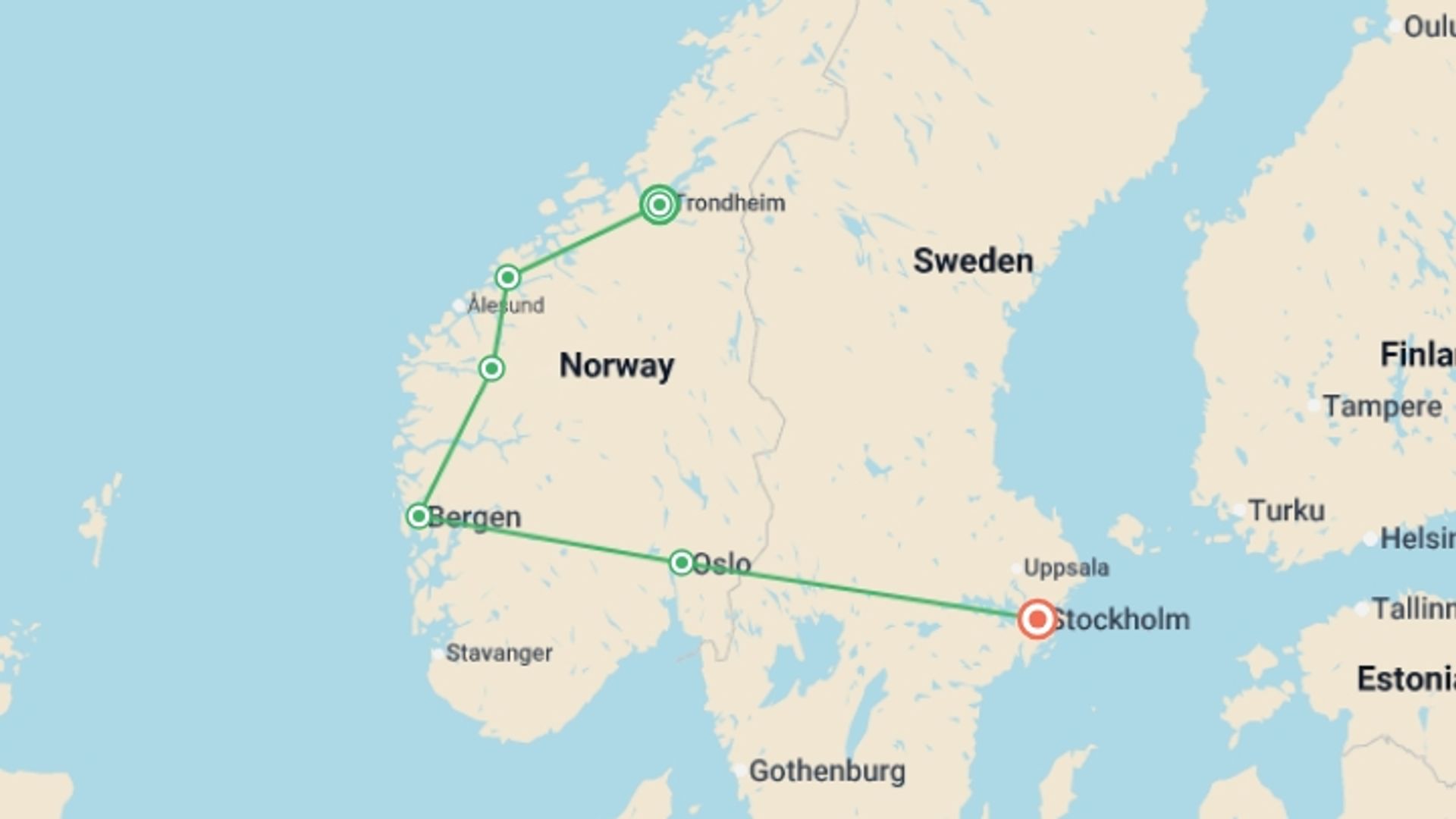 A map showing the tour itinerary for the trip: The beautiful Norway End Stockholm, starting in Trondheim, Norway and ending in Stockholm, Sweden going through 4 other destinations.