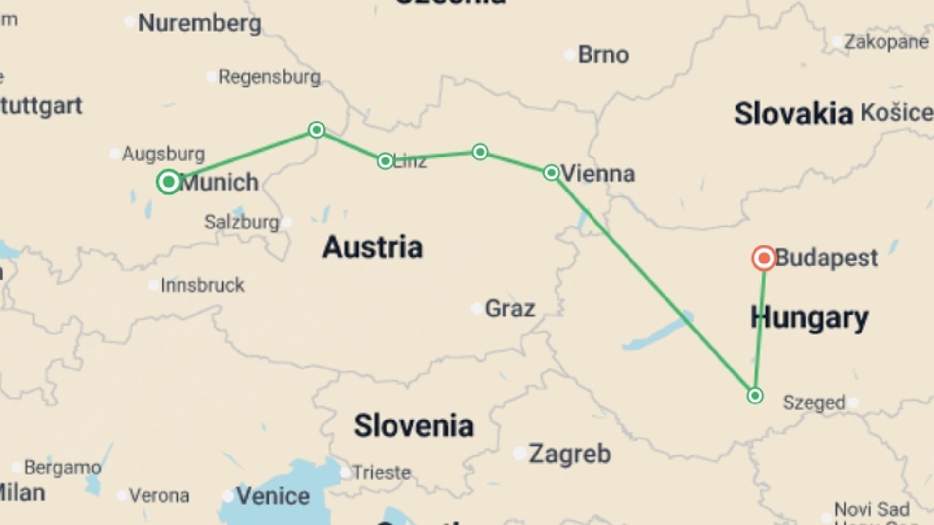 A map showing the tour itinerary for the trip: Danube Holiday Markets (2027), starting in Munich, Germany and ending in Budapest, Hungary going through 1 other destinations.