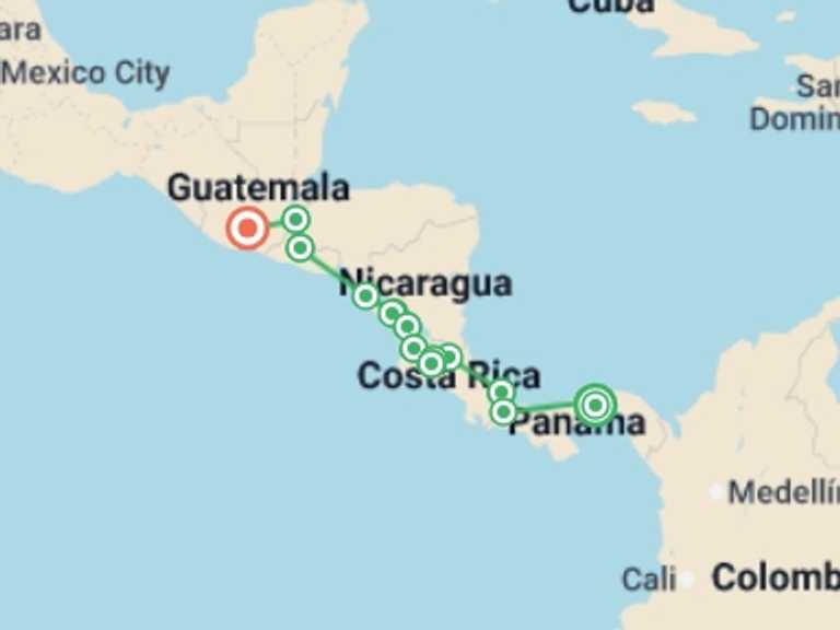 Map itinerary of North America Tour in February 2027 with 16 destination visits for the trip: Central American Explorer