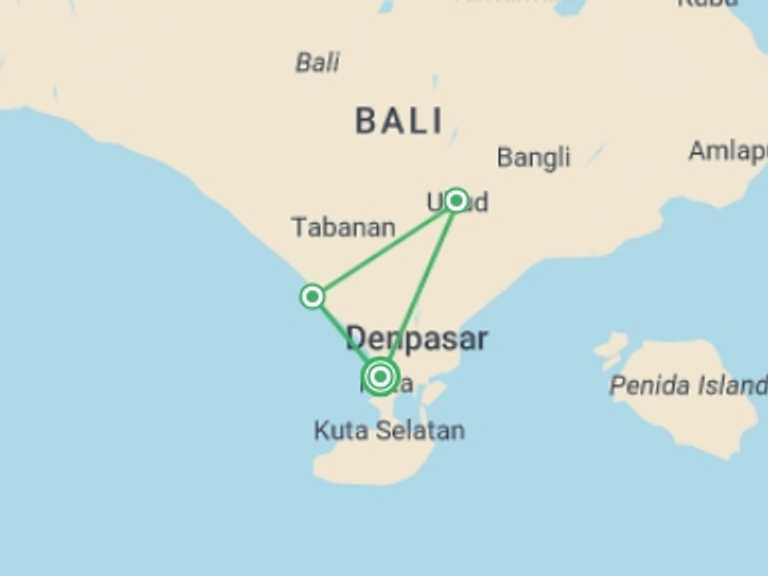 Map of Indonesia Tour with 4 destination visits for the trip: Bali Explorer