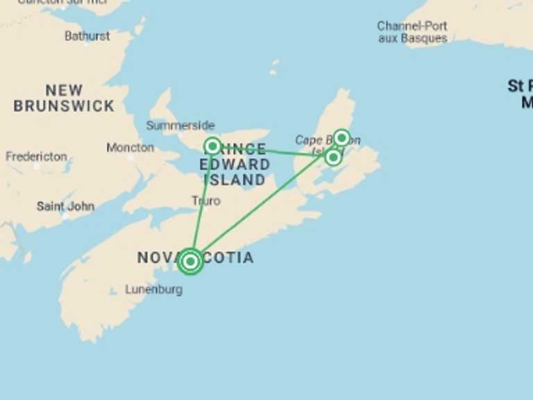 Map of Canada City sightseeing Tour with 5 destination visits for the trip: Enchanting Islands Escape