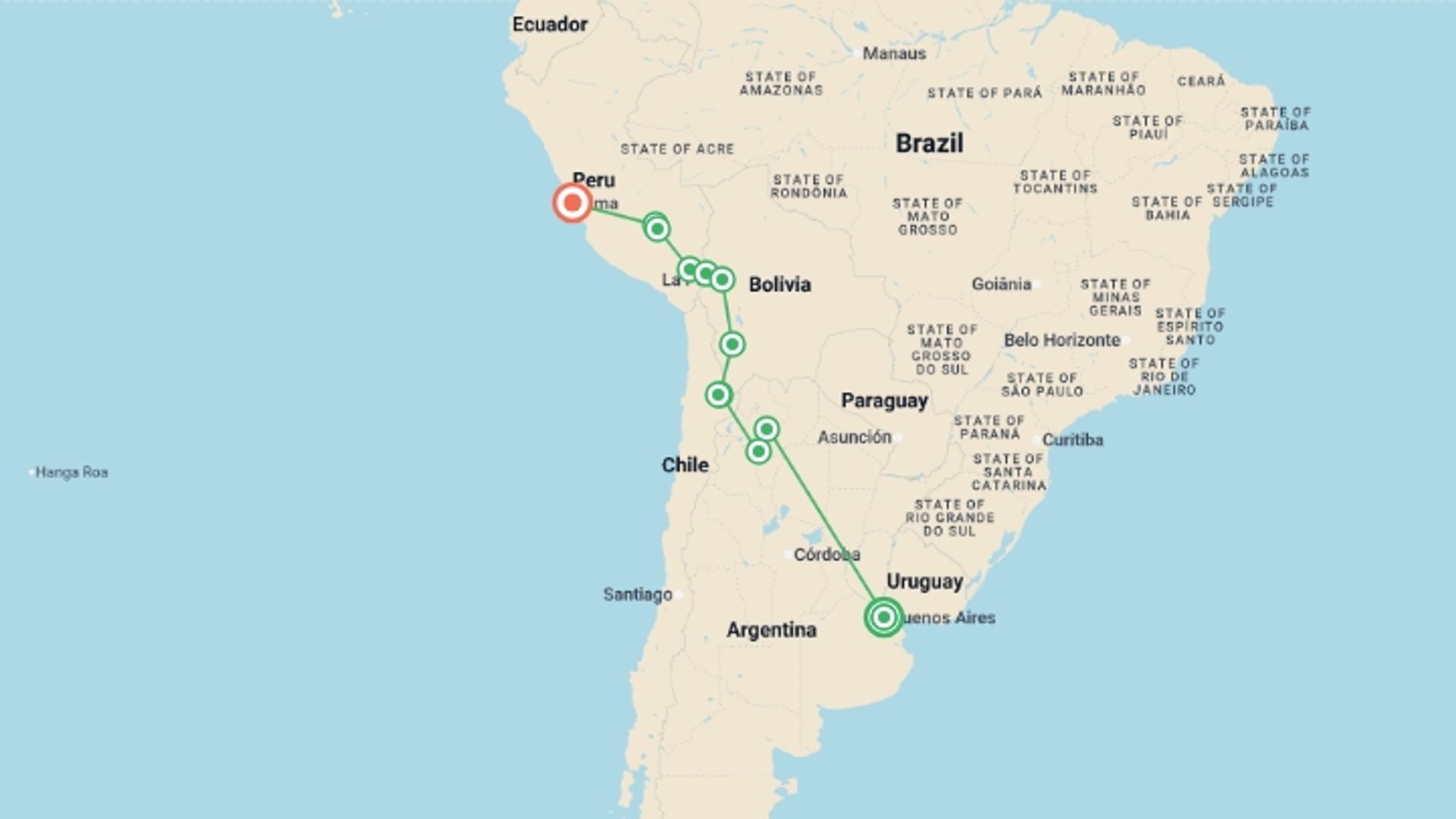 A map showing the tour itinerary for the trip: Argentina, Atacama & Andes - 20 days, starting in Buenos Aires, Argentina and ending in Lima, Peru going through 10 other destinations.