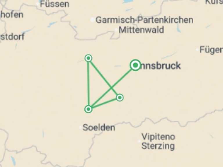 Map itinerary of Europe Tour in September 2026 with 4 destination visits for the trip: Alpine Walks in the Stubai Valley