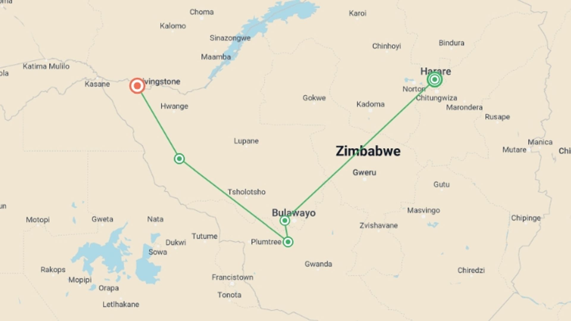 A map showing the tour itinerary for the trip: Zimbabwe Heritage and Wildlife Tour: 10 Days , starting in Harare, Zimbabwe and ending in Victoria Falls, Zimbabwe going through 3 other destinations.