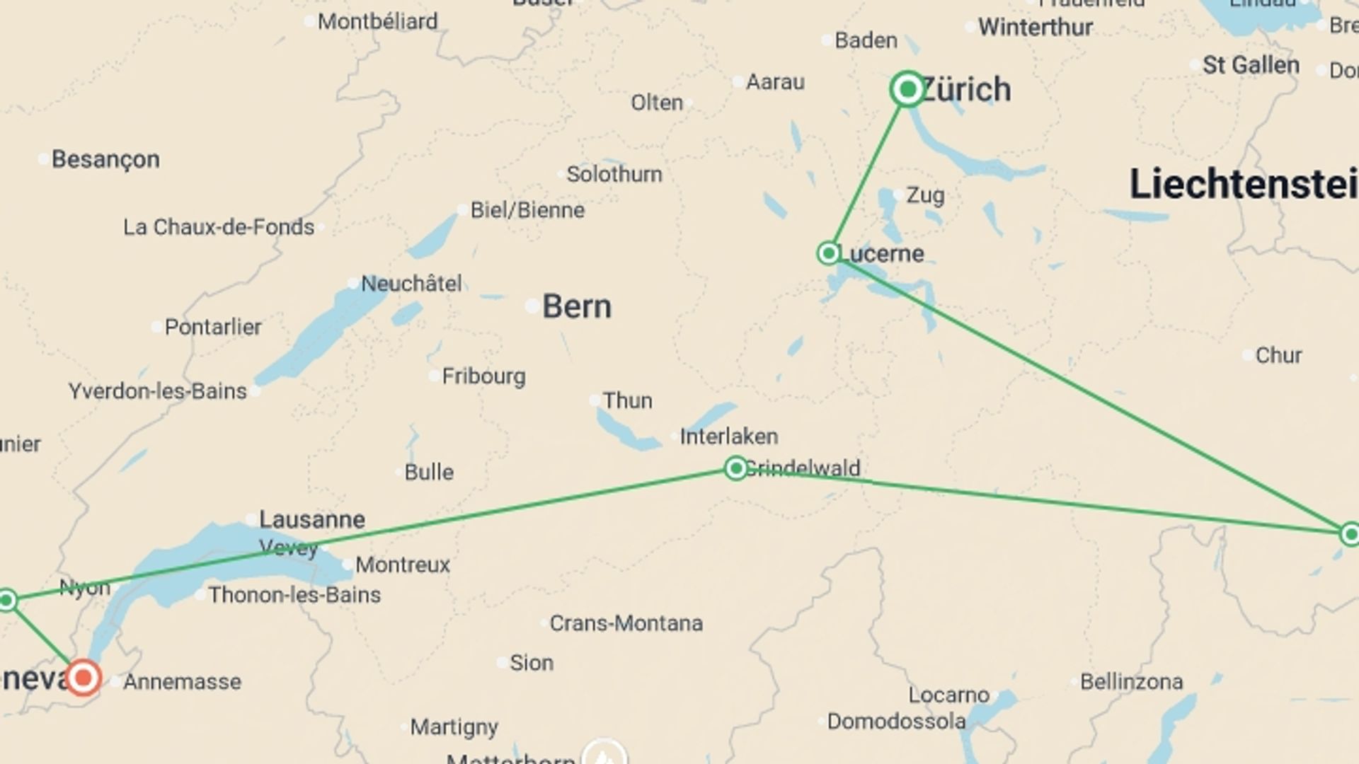 A map showing the tour itinerary for the trip: Magical Switzerland, starting in Zurich, Switzerland and ending in Geneva, Switzerland going through 3 other destinations.