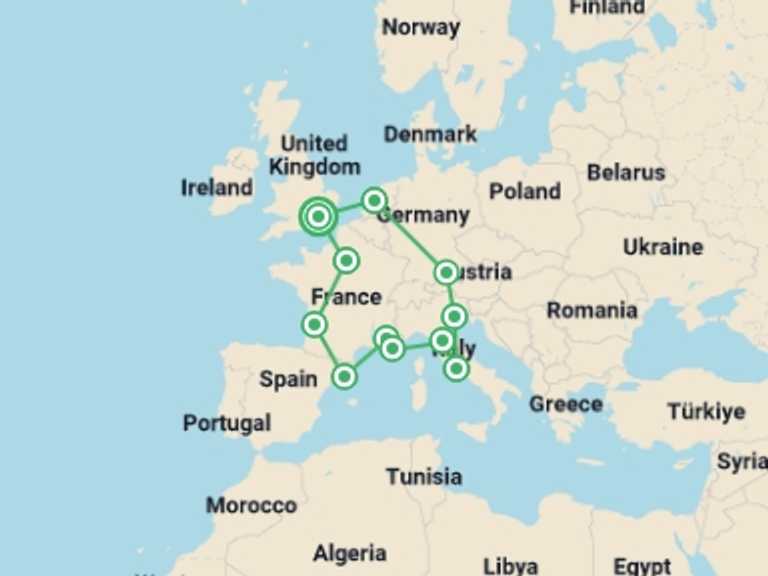 Map of Europe Explorer Tour with 11 destination visits for the trip: Central & Western Europe: City Meets Coast