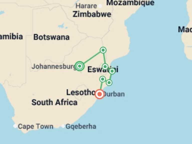 Map itinerary of Africa Tour in December 2025 with 7 destination visits for the trip: Kruger & Coast