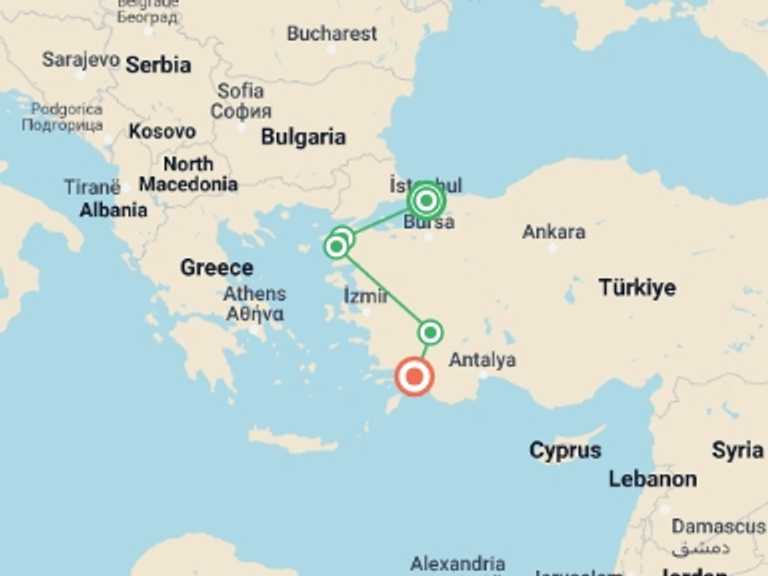 Map of 8-Day Pamukkale Tour with 6 destination visits for the trip: Highlights of Turkey